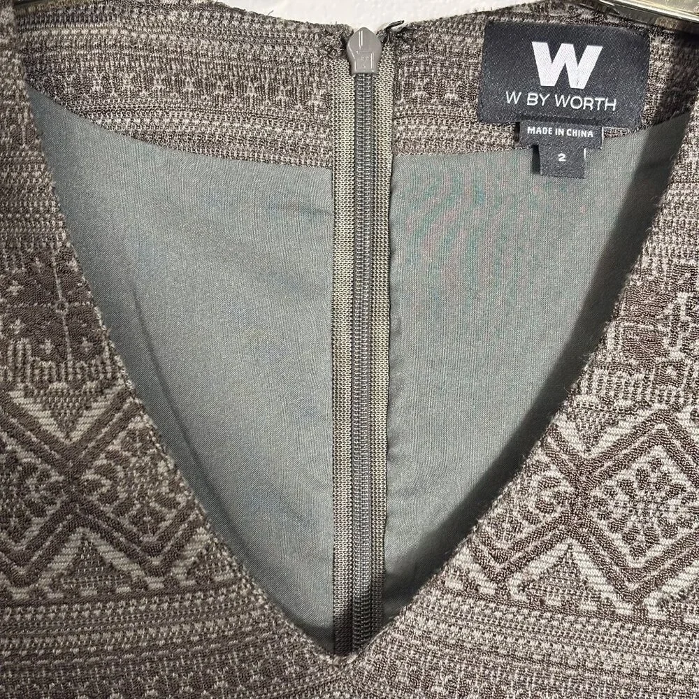 W By Worth Artsy Brown Patterned V-Neck Belted Dress Size 2 - Picture 3 of 11
